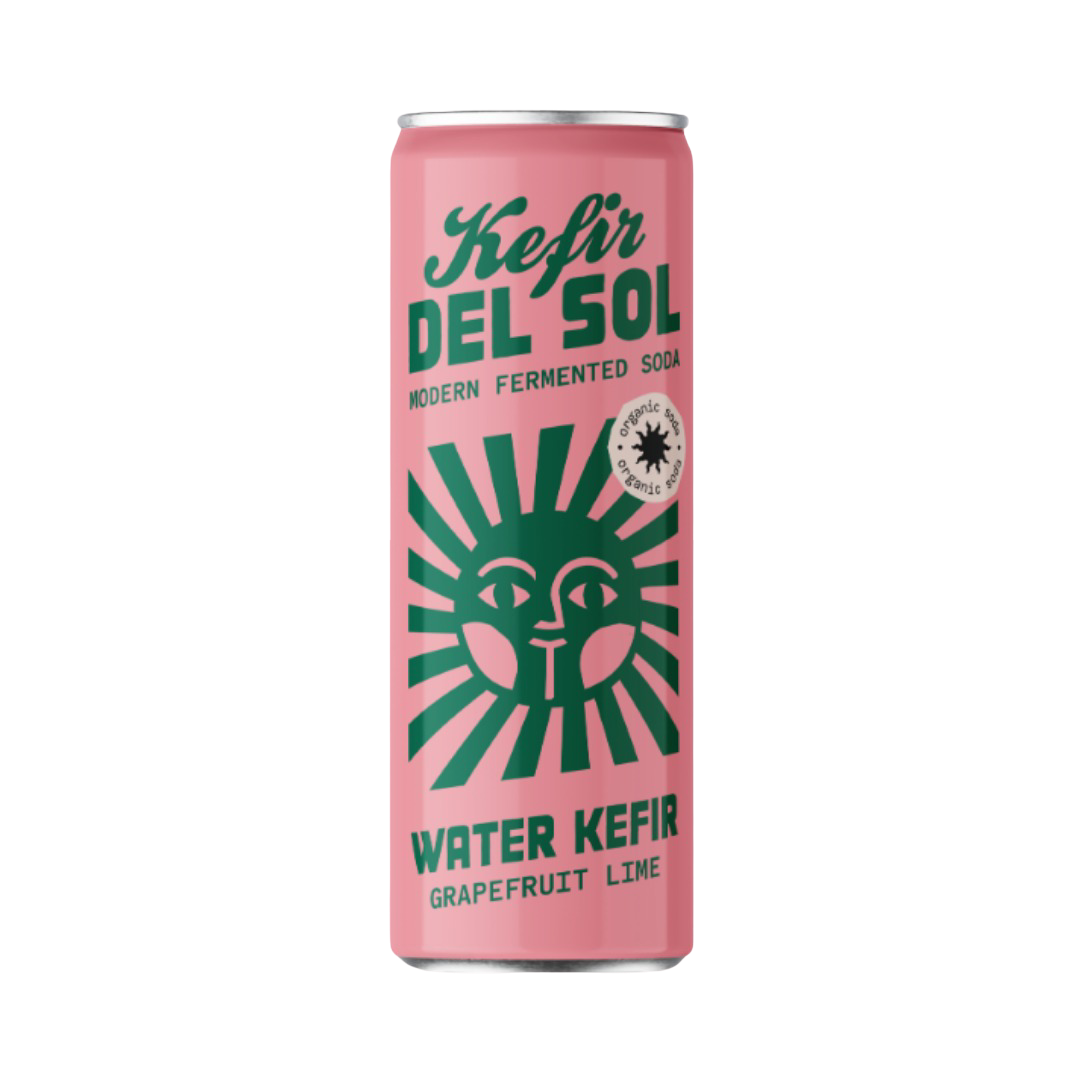 Pink can of Kefir Del Sol with green text and design on a white background